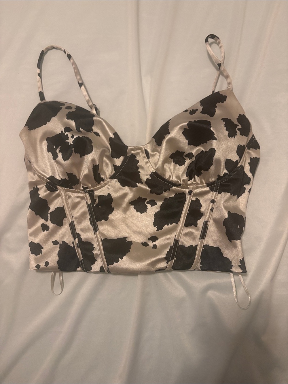 Satin Cow-Print Bustier Crop Top - Cream & Black